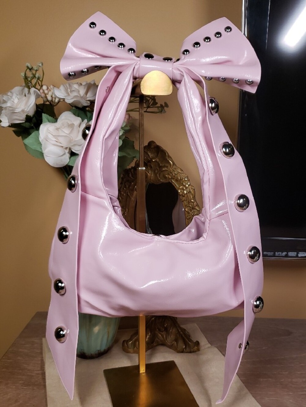Oversized Pink Studded Bow-Accent Shoulder Bag - Glossy Patent Finish NWT!
